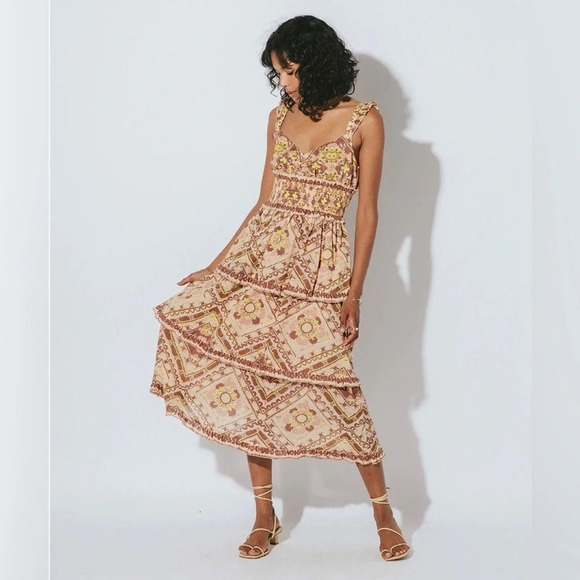 Cleobella Stella Midi Dress in Geo Print Brown Neutral Ruffle Size Small - Picture 1 of 16